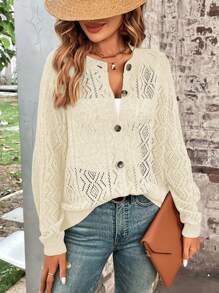 SHEIN LUNE Nút phía trước Áo len Mở Without Tee - Màu be - Xem 6