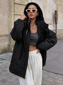 DAZY 字母图案拉链按扣连帽冬季厚口袋外套，冬季女装，冬季外套女式夹克 - 黑色 - 查看 7