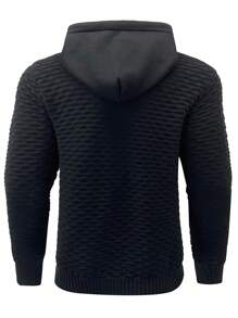 Manfinity Homme 男士补丁细节抽绳连帽毛衣，男士纹理连帽衫，男士针织连帽衫，男士毛衣连帽衫，男士连帽衫，男士连帽毛衣 - 黑色 - 查看 2