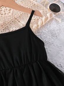 SHEIN Chica Joven Vestido de tirantes de malla en contraste - Negro - Ver 5