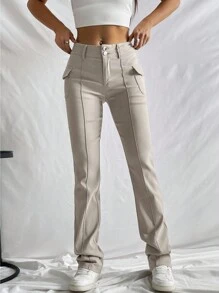 SHEIN EZwear 側翻蓋口袋長褲 - 米色 - 查看 3