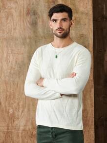 SHEIN Cottnline Men Solid Round Neck Sweater - White - View 5