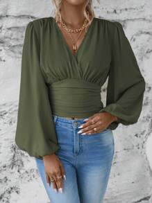 EMERY ROSE 女式纯色重叠V领灯笼袖褶皱时尚衬衫