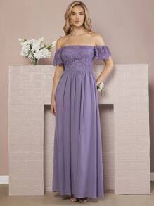 SHEIN Belle Off Shoulder Lace Bodice Chiffon Bridesmaid Dress - Lilac Purple - View 6