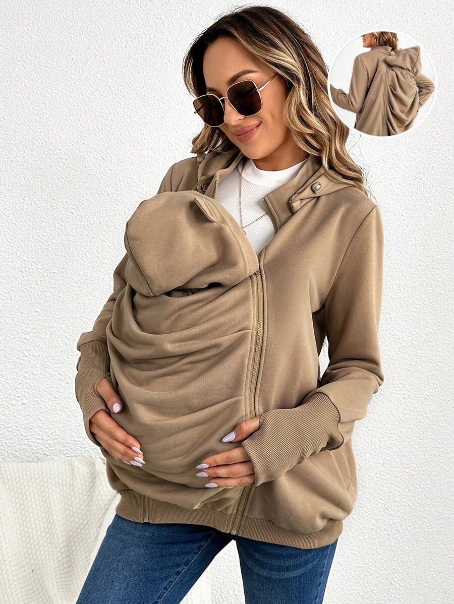 SHEIN Áo khoác nỉ 3 trong 1 có khóa kéo, xếp ly dành cho bà bầu, thích hợp để địu bé. - Màu Khaki - Xem 1