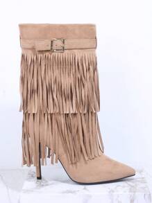 SHUZIA Faux Suede Fringe Detail Pointed Toe Boots - Camel - View 2