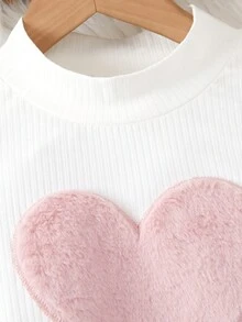 SHEIN Tween Girl Heart Pattern Puff Sleeve Top & Belted Skirt - Pink - View 3