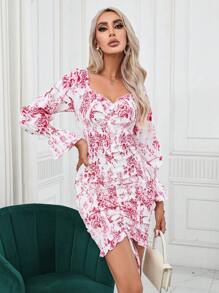 Aveloria Vestido con estampado floral con cordón delantero de manga amplia - Rosa Fucsia - Ver 4