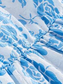 Flirla Talla grande Vestido con estampado floral de cuello cuadrado de manga con volante - Azul y blanco - Ver 4