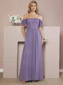 SHEIN Belle Off Shoulder Lace Bodice Chiffon Bridesmaid Dress - Lilac Purple - View 3