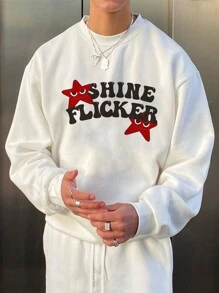 男士星星&字母圖案落肩袖運動衫 - 白色 - 查看 1