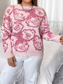 Flirla 加大码小熊图案落肩针织套头衫秋冬毛衣 - 粉色 - 查看 7