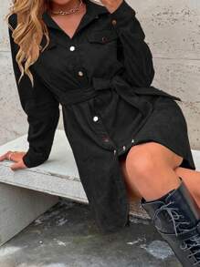 SHEIN LUNE Sukienka-koszula z paskiem - Czarne - Zobacz 5