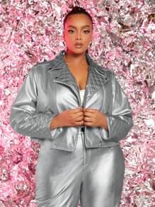 SHEIN SXY Plus Zip Up Patent Moto Jacket - Silver - View 5