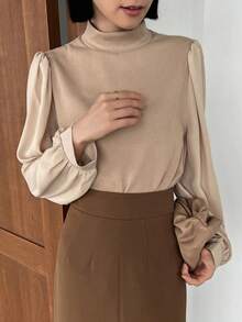 FRIFUL Mock Neck Lantern Sleeve Ribbed Knit Top - Apricot - View 9