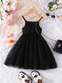SHEIN Chica Joven Vestido de tirantes de malla en contraste - Negro - Ver 2