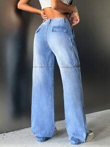 SHEIN ICON 翻蓋口袋工裝牛仔褲 - 中等水洗藍 - 查看 2
