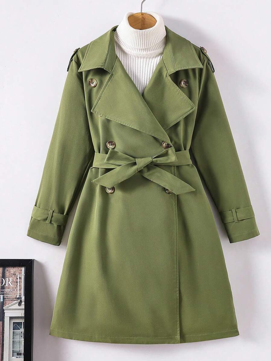 Tween Boy Double Breasted Belted Trench Coat Without Sweater - Army Green - View 1