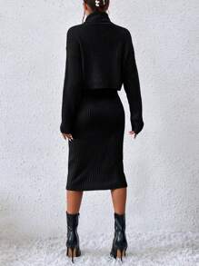 Chiquease Turtleneck Drop Shoulder Sweater & Knit Skirt Fall Winter Cloth For Women - Black - View 2
