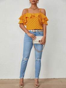 SHEIN Privé Blusa de lunares de hombros descubiertos ribete con fruncido - Amarillo - Ver 6