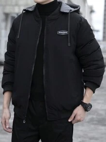 Manfinity Homme Áo khoác nam cỡ lớn có đệm lót có họa tiết chữ, thiết kế khối màu và mũ trùm đầu có dây rút - màu đen - Xem 3