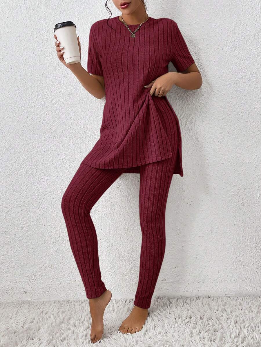 SHEIN LUNE 下擺開叉T恤和緊身褲 - 酒紅色 - 查看 1