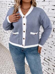 SHEIN LUNE 大碼拼接邊落肩袖開襟衫 - 藍色 - 查看 7