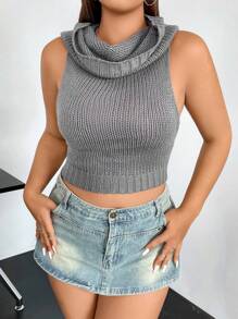 Flirla Plus Turtleneck Crop Hooded Sweater Vest - Grey - View 5