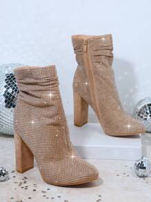 SHUZIA Rhinestone Zipper Side Ankle Boots - Camel - View 2