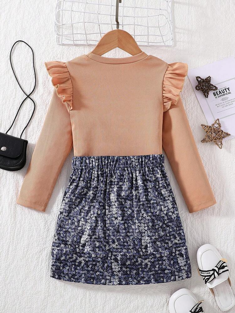 Young Girl Letter Patched Ruffle Trim Tee & Sequin Effect Skirt