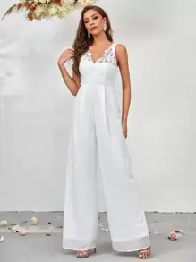 SHEIN Belle Bộ áo liền quần ống rộng ren ren guipure - trắng - Xem 5