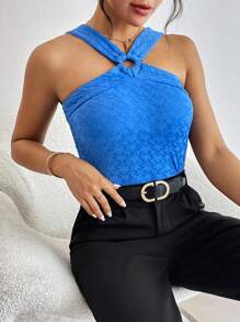 SHEIN Essnce 素色戒指連接掛脖上衣 - 寶藍色 - 查看 5