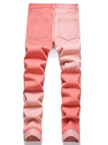 Men's Fashionable Distressed Color Block Denim Jeans - Coral Pink - View 2