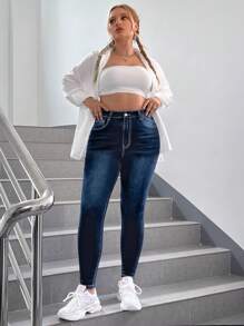 SHEIN EZwear Hơn Cao eo Quần jean ôm - Màu xanh lam - Xem 5