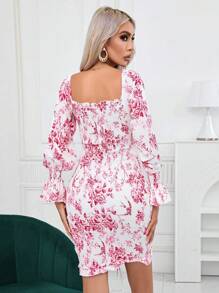 Aveloria Vestido con estampado floral con cordón delantero de manga amplia - Rosa Fucsia - Ver 2