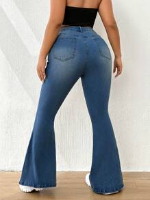 SHEIN ICON Plus Ripped Flare Leg Jeans - Medium Wash - View 2
