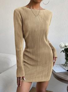 SHEIN EZwear Vestido ajustado unicolor ribete en forma de lechuga tejido de canalé - Albaricoque - Ver 6