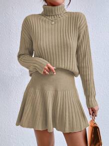 SHEIN Privé 高領落肩袖毛衣和針織裙 - 卡其色 - 查看 3