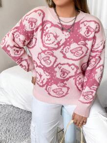 Flirla 加大码小熊图案落肩针织套头衫秋冬毛衣 - 粉色 - 查看 4