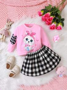 Baby Mädchen Cartoon Grafik, Sweatshirt mit & Gingham Muster, Rock mit