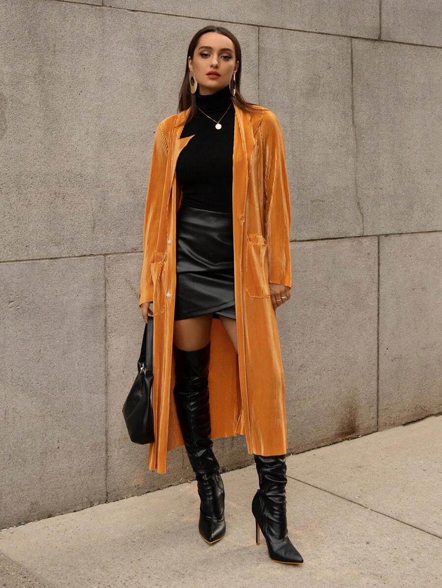 SHEIN Privé Dual Pocket Button Front Coat - Camel - View 1