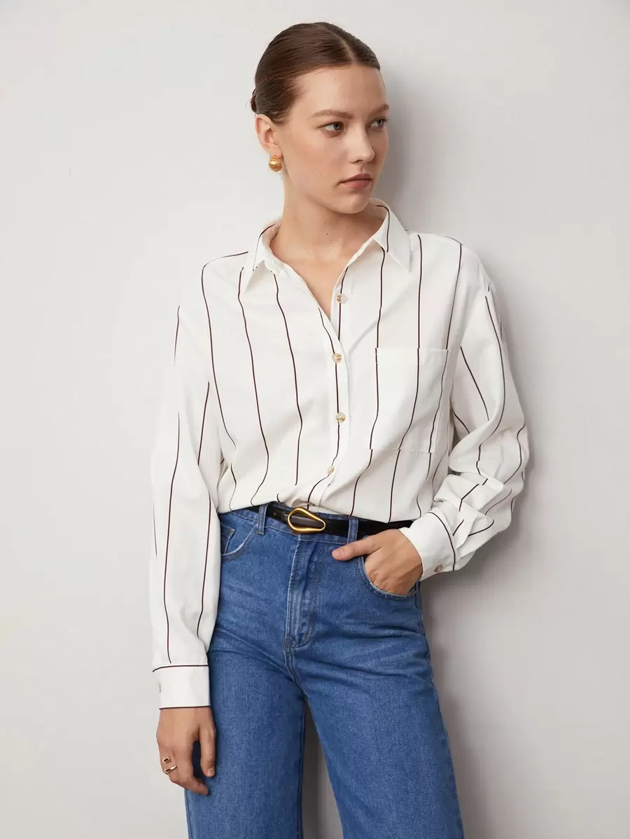 BizChic 女士条纹印花纽扣衬衫，白色长袖图案衬衫，宽松休闲上衣，适合都市通勤、商务休闲、夏季、情人节等场合，优雅女士上衣