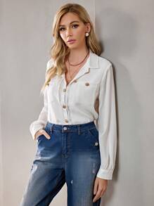 SHEIN BIZwear 補丁口袋前紐扣襯衫 - 白色 - 查看 1