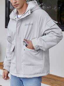 Manfinity Homme Loose Fit Men's Hooded Padded Coat With Letter Graphic And Flap Pockets - Light Grey - View 7