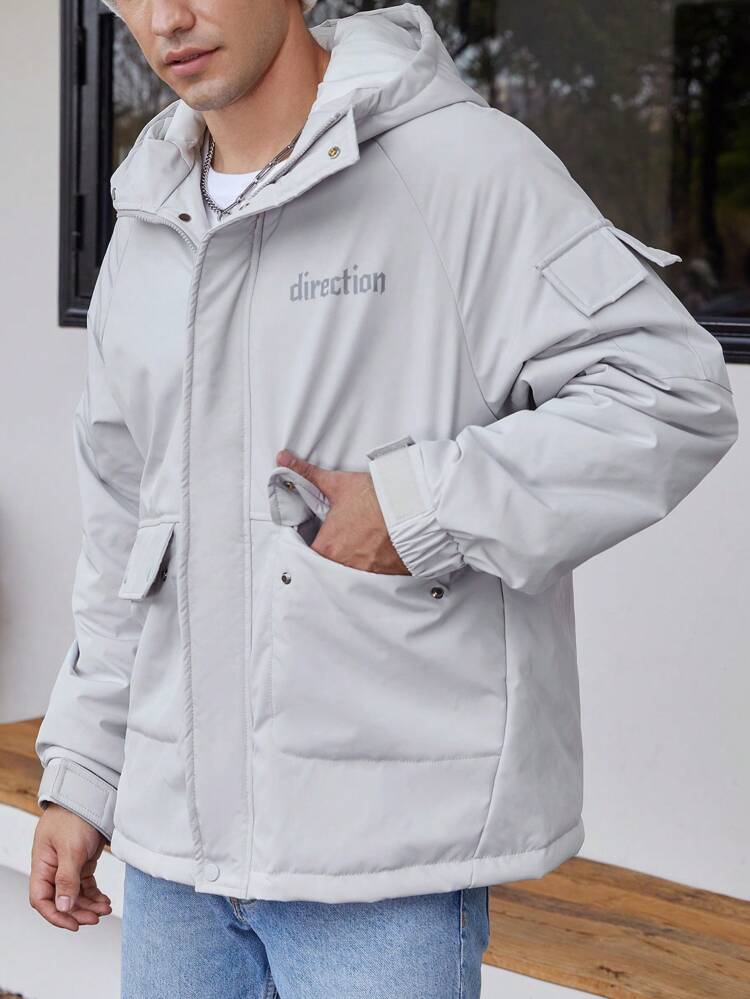 Loose Fit Men's Hooded Padded Coat With Letter Graphic And Flap Pockets