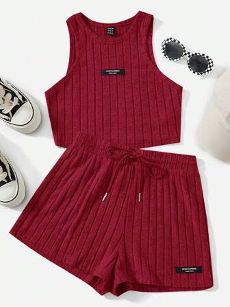 SHEIN EZwear Letter Patched Detail Tank Top & Tie Waist Shorts