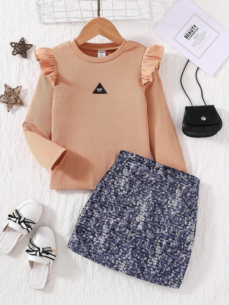 Young Girl Letter Patched Ruffle Trim Tee & Sequin Effect Skirt