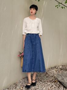 FRIFUL Solid Slit Side A-Line Denim Skirt - Dark Wash - View 4