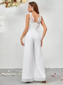 SHEIN Belle Bộ áo liền quần ống rộng ren ren guipure - trắng - Xem 3