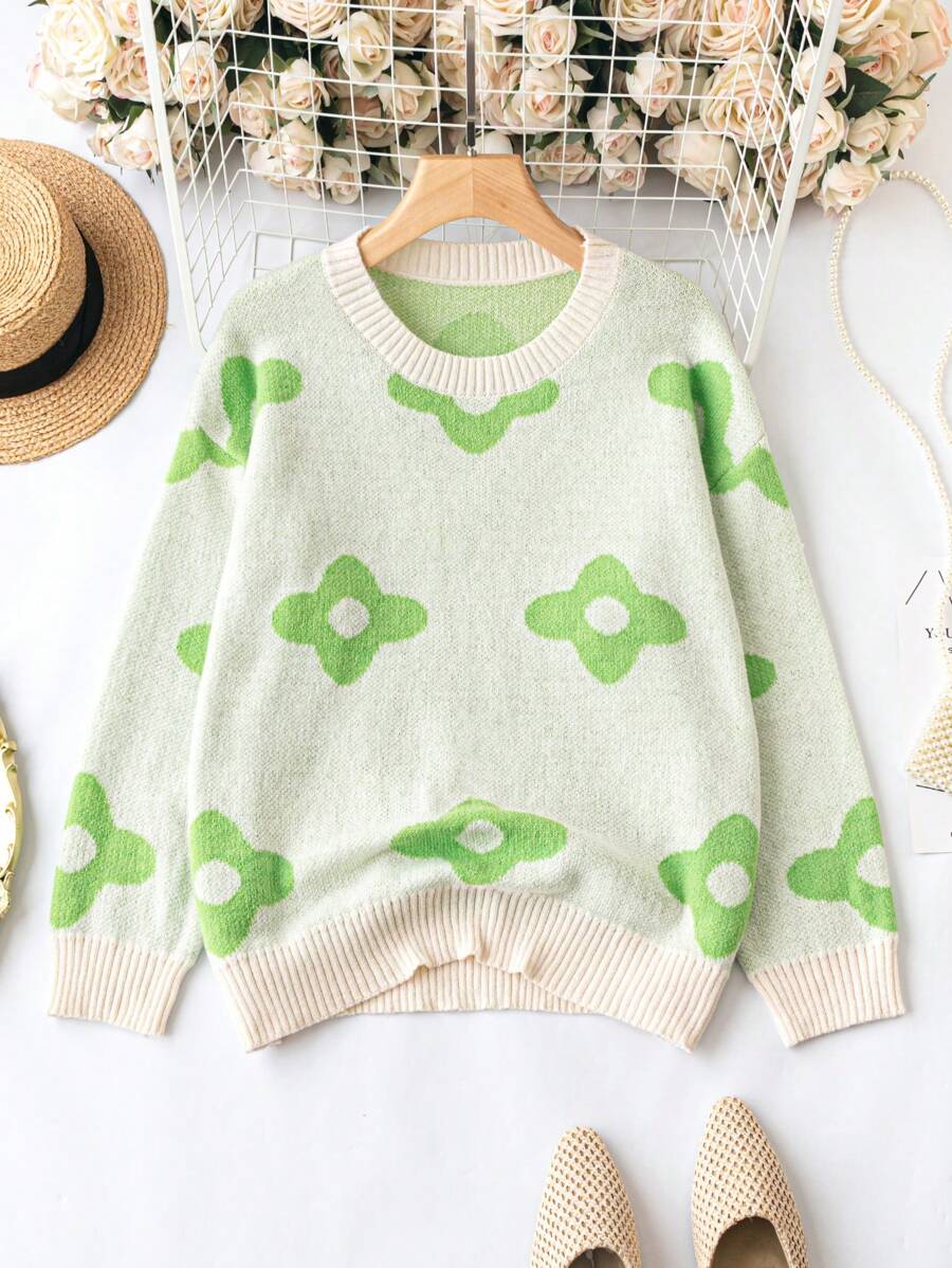 Calvaya Plus Floral Pattern Drop Shoulder Sweater Knit Pullover Fall Winter Outfit